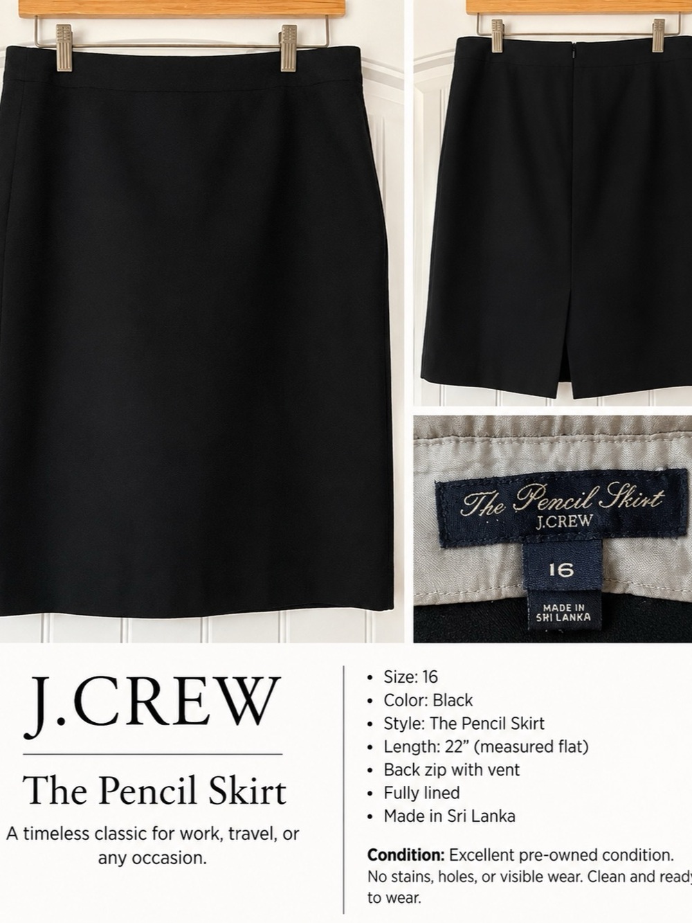 J.Crew The Pencil Skirt Black Size 16 Classic Career Work Skirt 22”